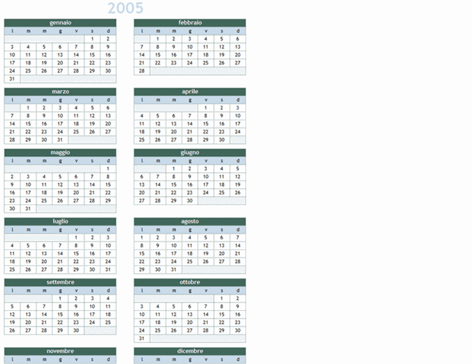 Calendario annuale 2005-2014 (lun-dom)