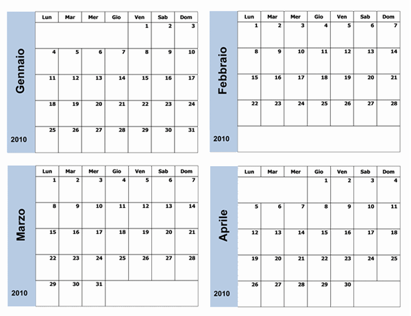 Calendario 2010 con bordo blu (3 pp., lun-dom)