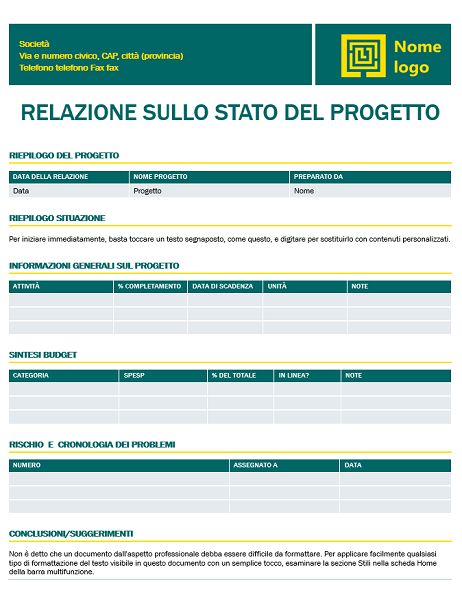 Relazione sullo stato del progetto (schema Senza tempo) Relazione sullo stato del progetto (schema Senza tempo)