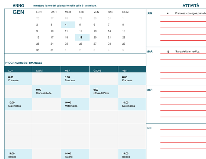 Calendario dello studente (lun) Calendario dello studente (lun)