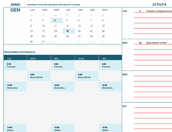 Calendario dello studente (lun)