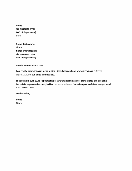 Lettera di dimissioni dal consiglio