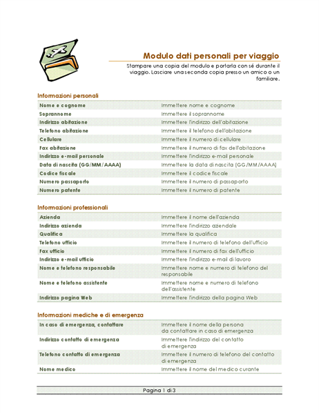 Modulo dati personali e itinerario di viaggio Modulo dati personali e itinerario di viaggio