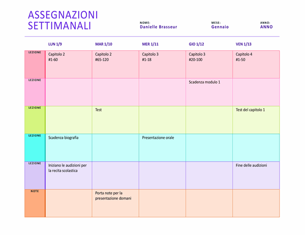 Programma attività settimanali (a colori, orizzontale)
