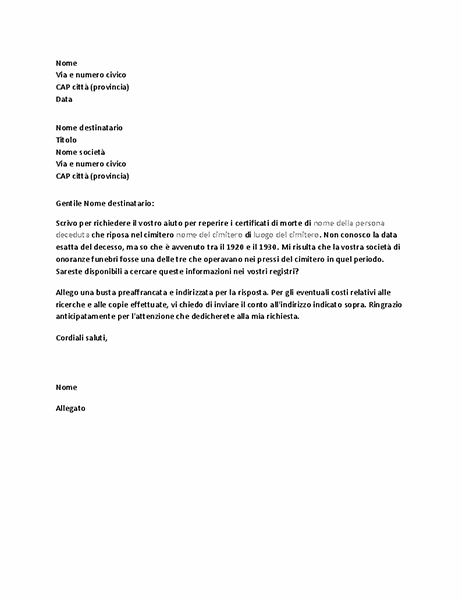 Lettera di richiesta di documenti genealogici a una società di onoranze funebri Lettera di richiesta di documenti genealogici a una società di onoranze funebri