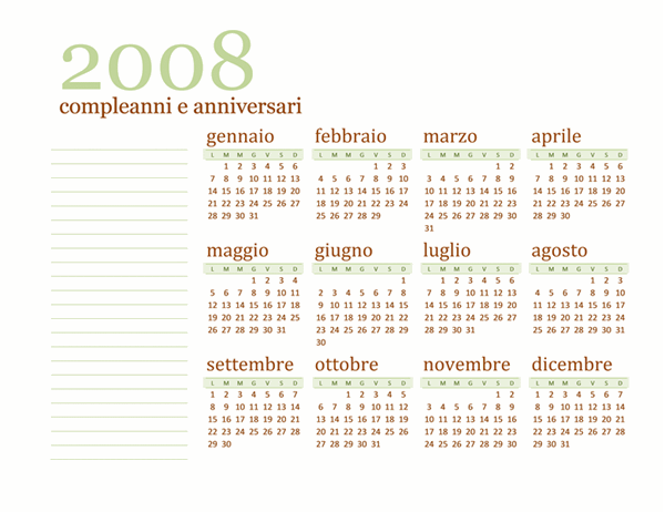 Calendario compleanni e anniversari 2008 (lun-dom)