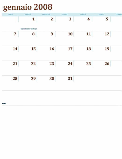 Calendario 2008 su più fogli di lavoro (12 pagine, lun-dom)