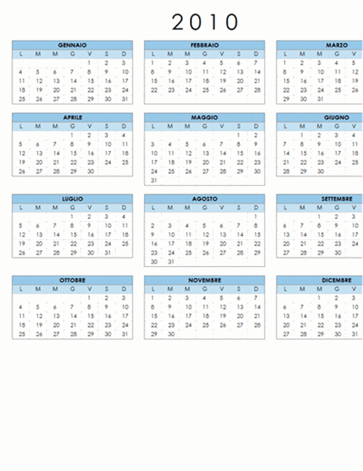 Calendario 2010 (1 pagina, orientamento orizzontale, lunedì-domenica)
