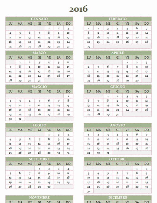 Calendario annuale 2016-2025 (lun-dom)