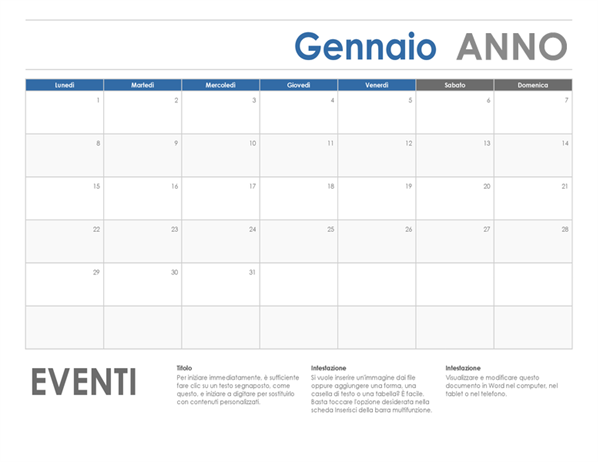 Calendario orizzontale (inizio lunedì) Calendario orizzontale (inizio lunedì)