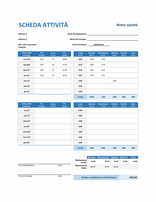 Scheda attività settimanale Scheda attività settimanale