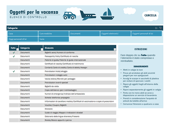 Elenco di controllo per le vacanze Elenco di controllo per le vacanze