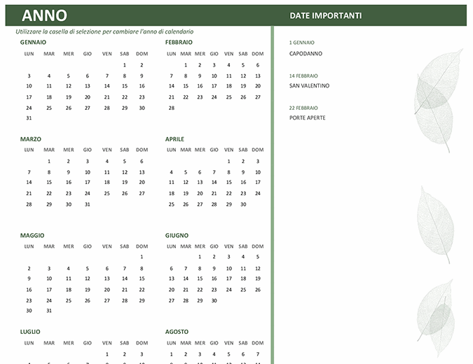 Calendario aziendale (qualsiasi anno, lun-dom)