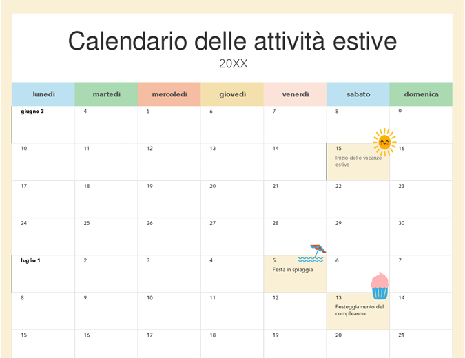 Calendario delle vacanze estive Calendario delle vacanze estive