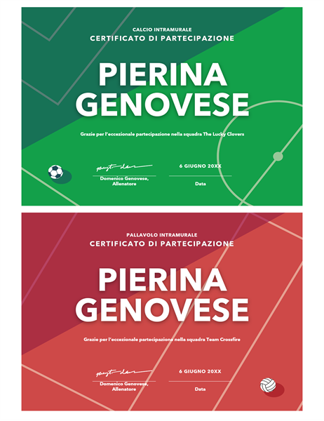 Certificato per premi sportivi Certificato per premi sportivi