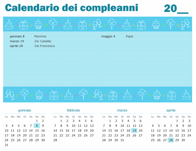 Calendario dei compleanni con evidenziazioni