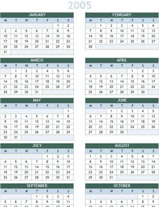 2005 ～ 2014 年版 年間カレンダー (月曜開始)