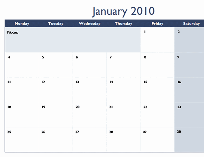 2010 カレンダー (複数のワークシート) (12 ページ、月曜開始)