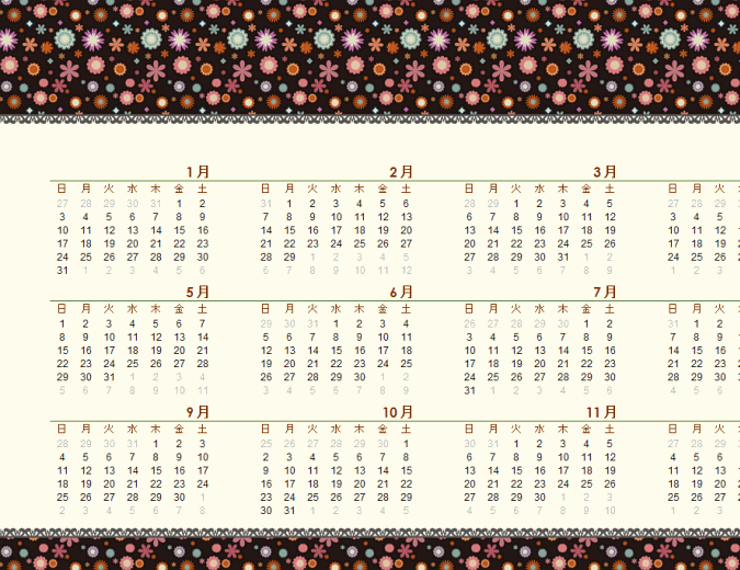 万年カレンダー (日曜～土曜、花柄)