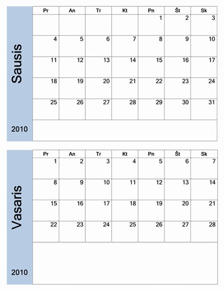 2010 m. kalendorius su mėlynu rėmeliu (6 psl., Pr–S)