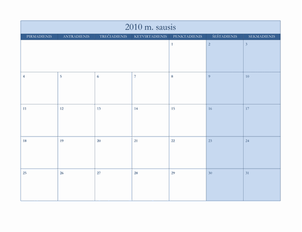 2010 m. kalendorius (klasikinio mėlyno dizaino, Pr–S)