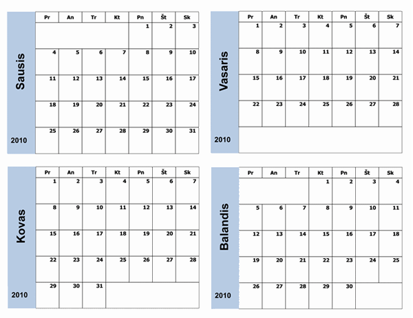 2010 m. kalendorius su mėlynu rėmeliu (3 psl., Pr–S)