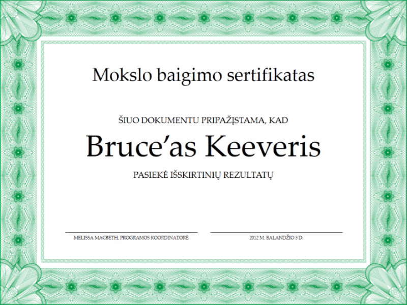 Pasiekimų sertifikatas (nustatytos formos žalios kraštinės)