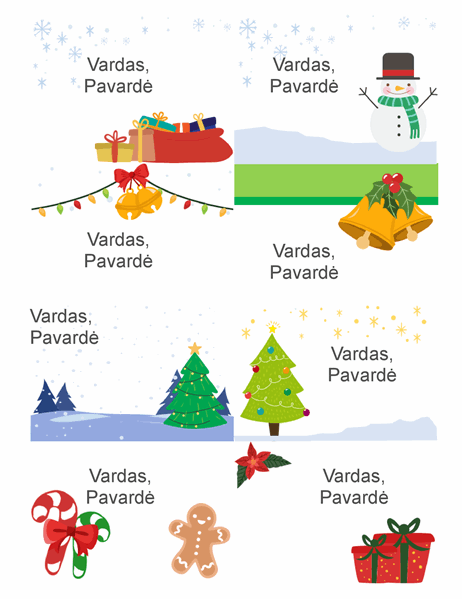 Šventiniai vardų ženkleliai (kalėdinės nuotaikos dizainas, 8 puslapyje, naudoti su „Avery“ 5395 ir pan.)