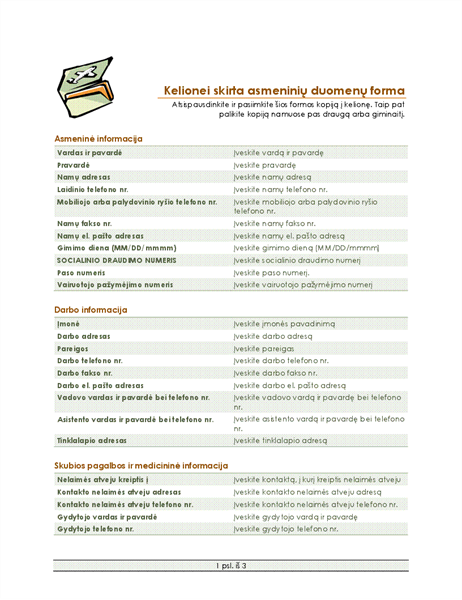 Kelionės maršrutas ir asmeninių duomenų forma Kelionės maršrutas ir asmeninių duomenų forma
