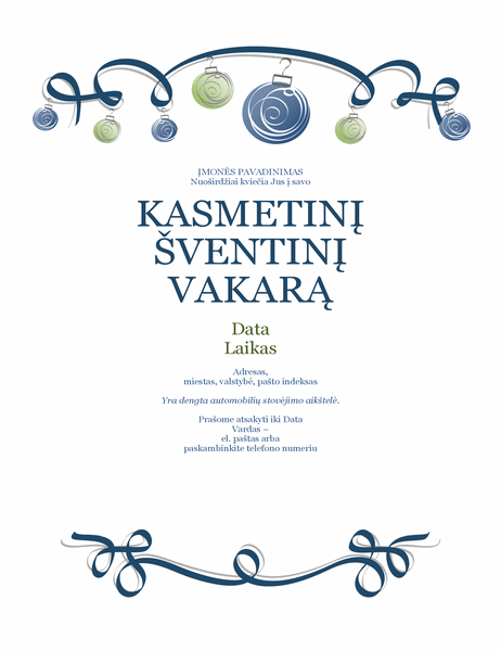 Atostogų vakarėlio lankstinukas su ornamentais ir mėlynu kaspinu (formalaus dizaino)