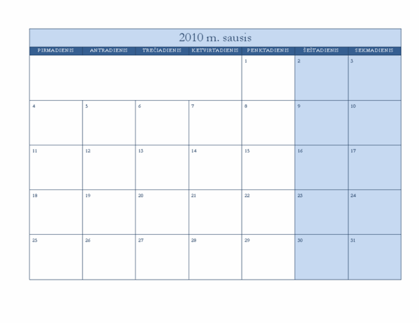 2010 m. kalendorius (klasikinis mėlynas dizainas, Pr–S)