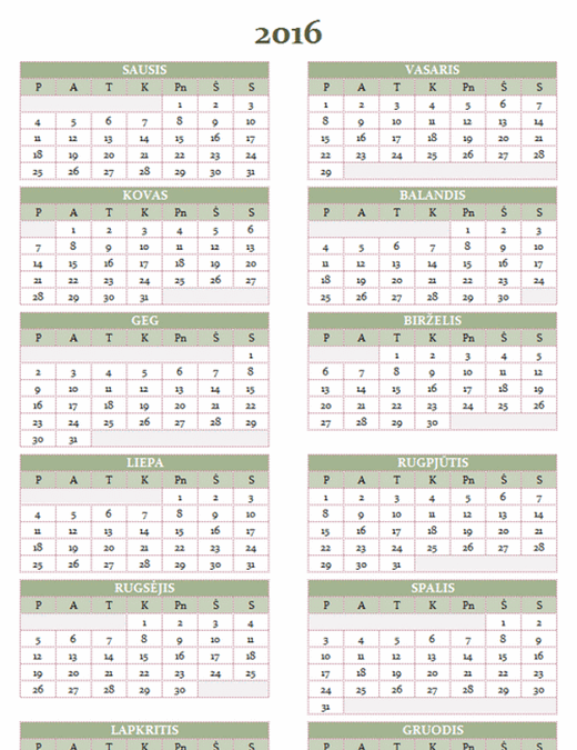 2016–2025 metų kalendorius (pirmadienis–sekmadienis)