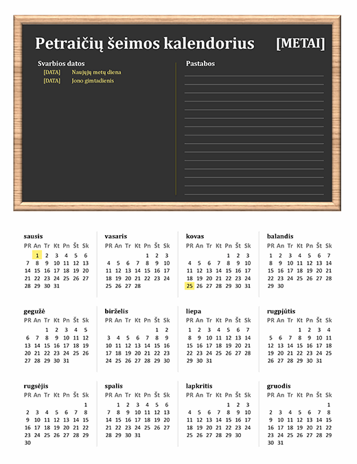 Šeimos kalendorius (bet kurių metų, Pr–Sk)