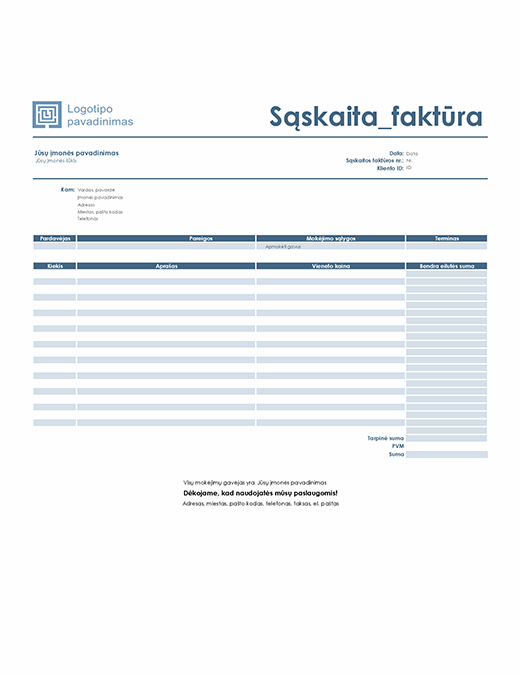 Paslaugos sąskaita faktūra (paprastas mėlynos spalvos dizainas)