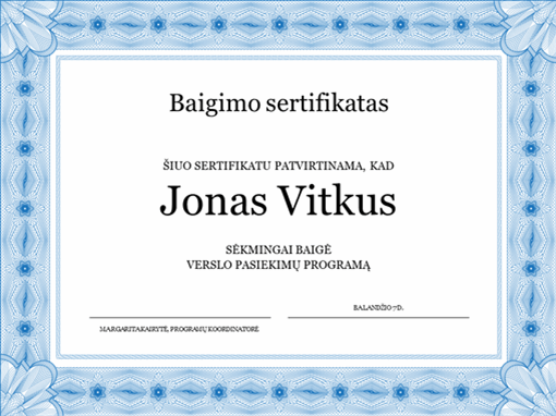 Baigimo sertifikatas (mėlynas) Baigimo sertifikatas (mėlynas)