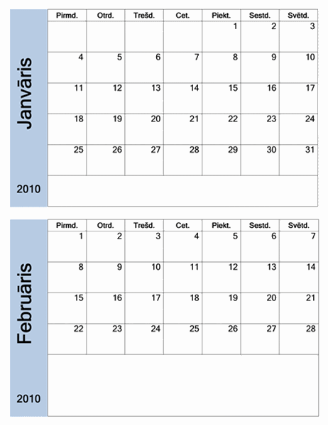 2010. gada kalendārs ar zilu apmali (6 lpp., pirmd.–svētd.)