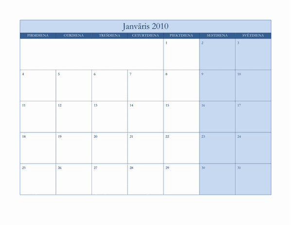 2010. gada kalendārs (klasiskais noformējums zilā krāsā, pirmd.–svētd.)
