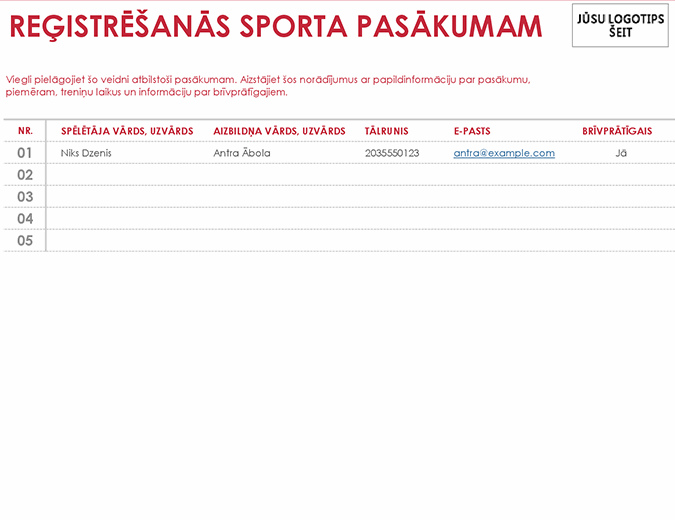 Sporta pasākumu reģistrācijas lapa
