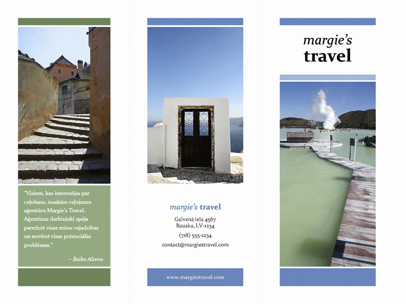 Trīskārša locījuma ceļojuma brošūra (zils un zaļš noformējums)
