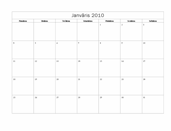 2010. gada kalendārs (pamata noformējums, pirmd.–svētd.)