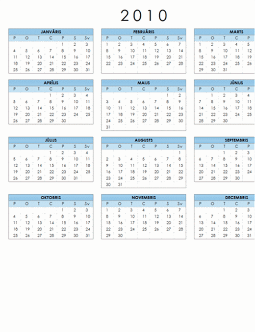 2010. gada kalendārs (1 lapa, ainava, pirmdiena – svētdiena)
