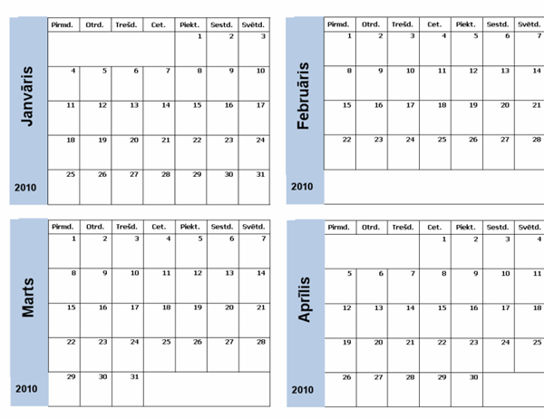 2010. gada kalendārs ar zilu apmali (3 lpp., pirmd.–svētd.)