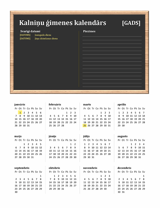 Ģimenes kalendārs (jebkurš gads, P–Sv)