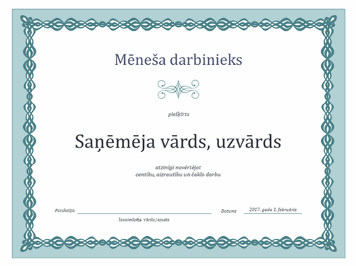 Mēneša darbinieka atzinības raksts (zils ķēžu motīvu noformējums) Mēneša darbinieka atzinības raksts (zils ķēžu motīvu noformējums)