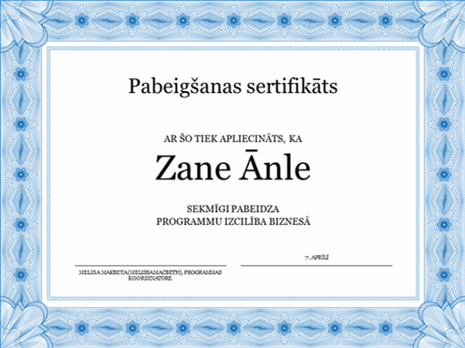 Pabeigšanas sertifikāts (zilā krāsā) Pabeigšanas sertifikāts (zilā krāsā)