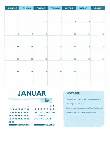 Akademisk kalender (én måned, ett hvilket som helst år, med start mandag)