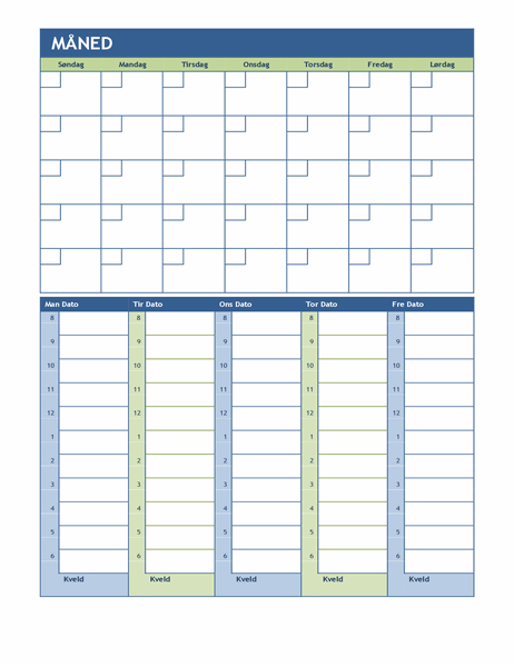 Månedlig og ukentlig kalender for planlegging