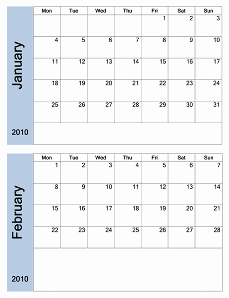 2010-kalender med blå kantlinje (6 sider, mandag til søndag)