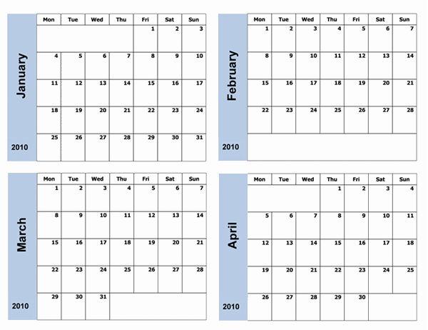 2010-kalender med blå kantlinje (3 sider, mandag til søndag)