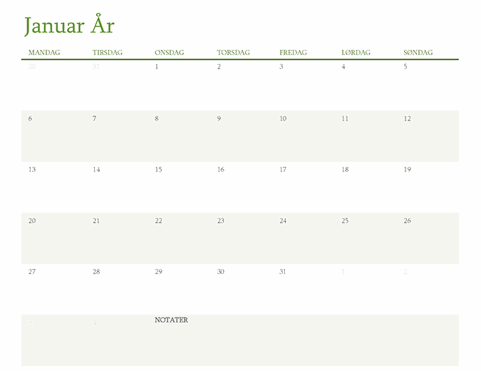Kalender for hvilket som helst år (1 måned per fane)